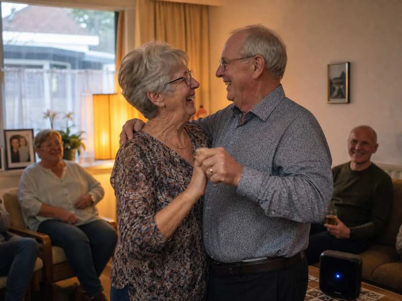 Older couple laughing and dancing to their personalized anniversary song