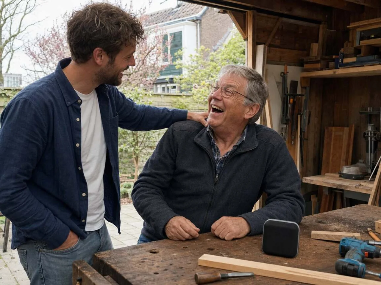 Father and son laughing together over a personalized Father's Day song