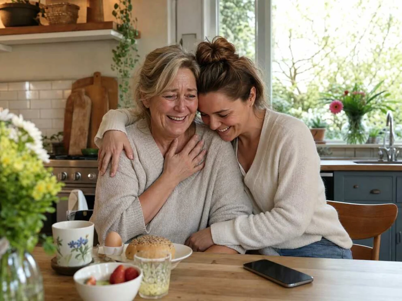 Mother and daughter listening together to a personalized Mother's Day song