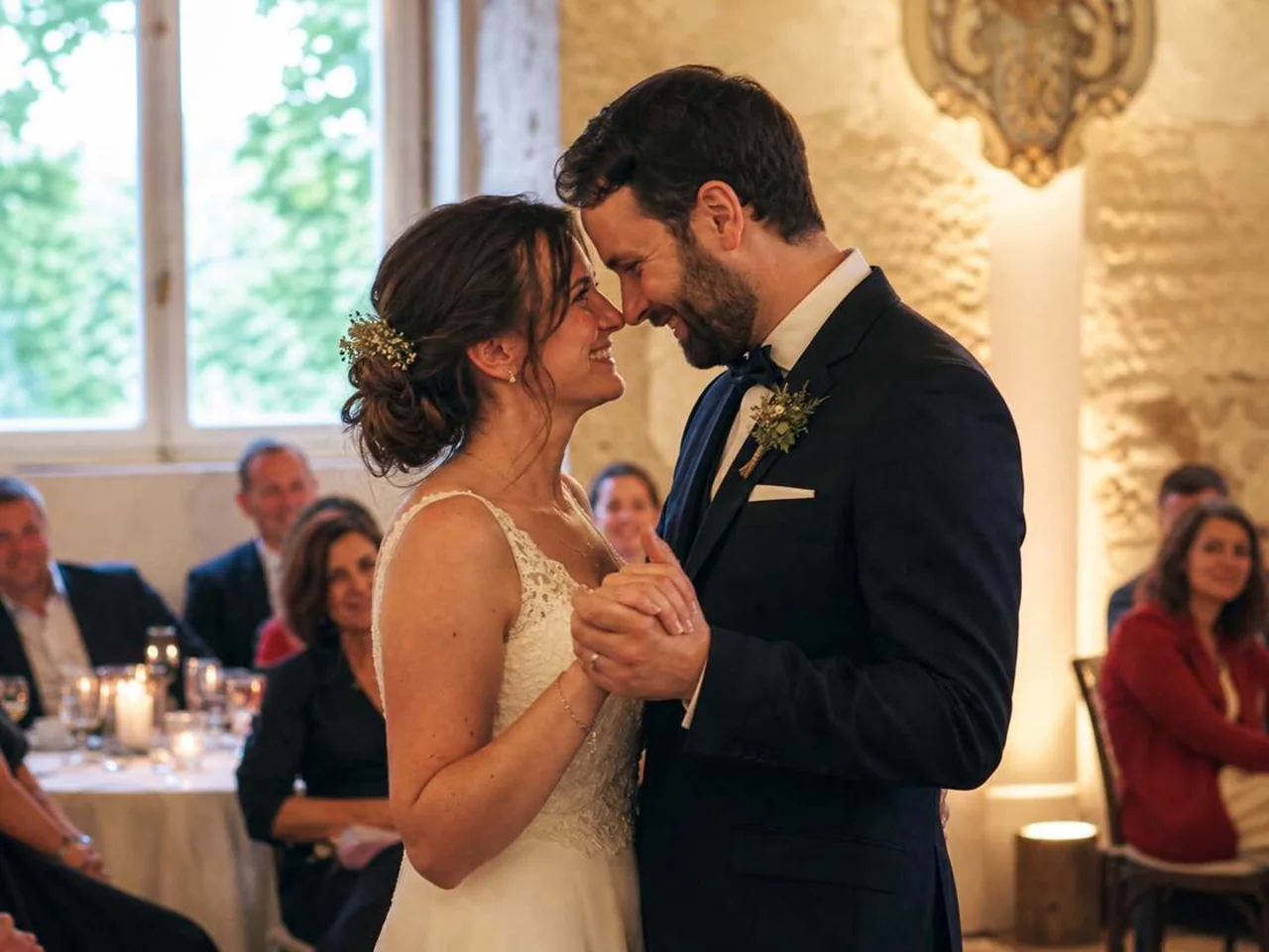 Newlyweds dancing together to their personalized wedding song