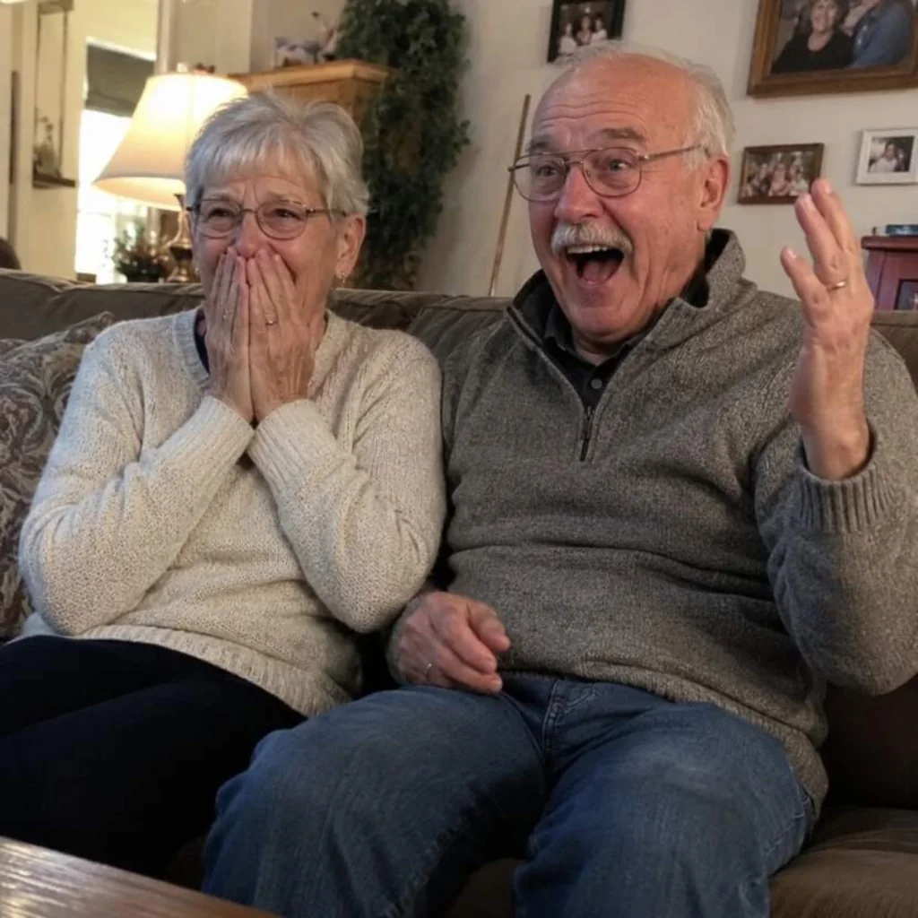 Older couple reacting together on a sofa