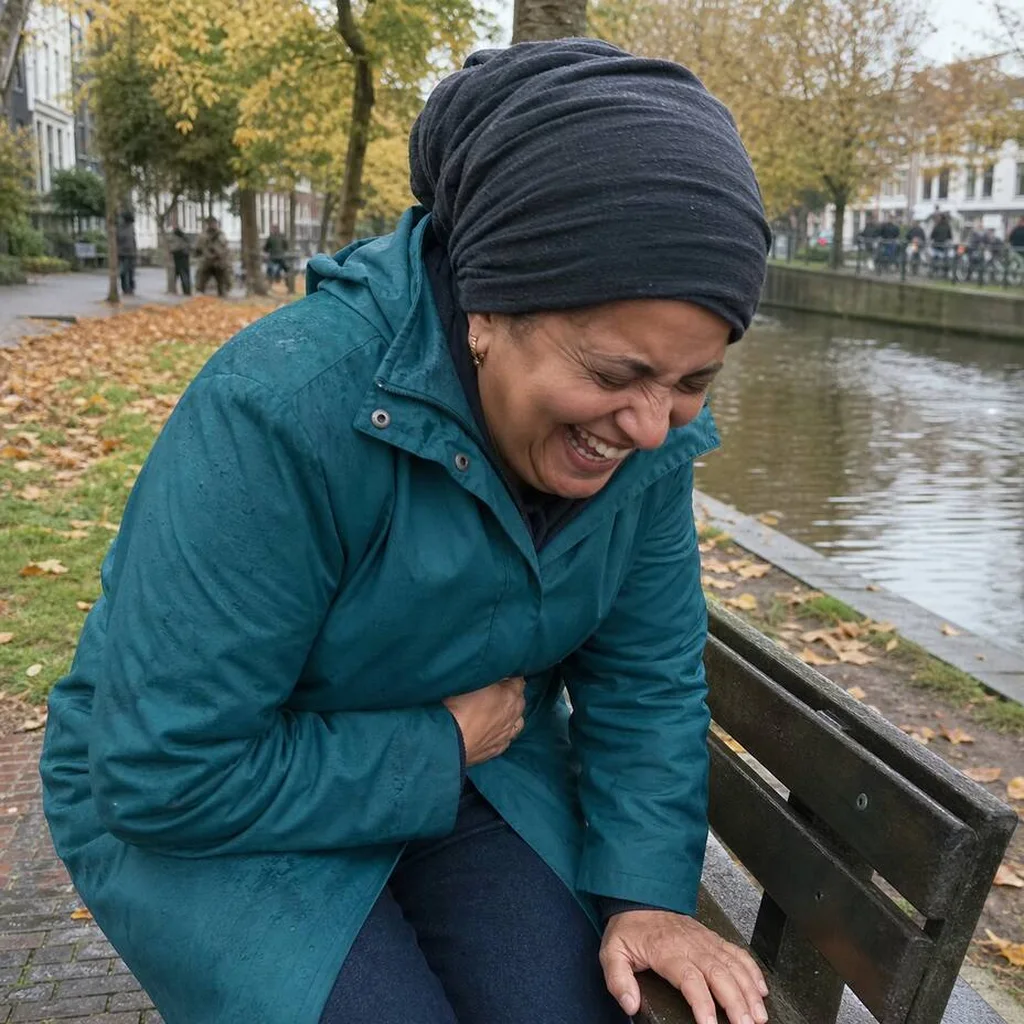 Woman laughing on a park bench