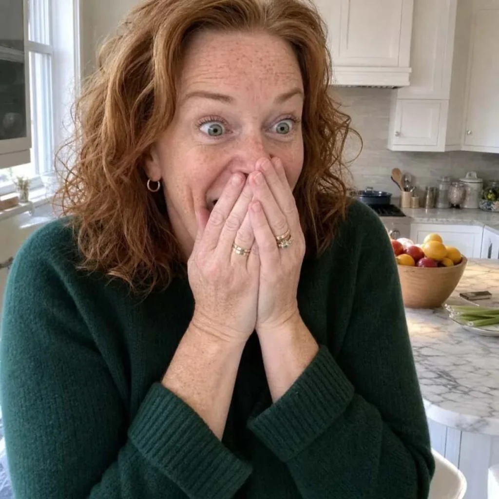Red-haired woman reacting with surprise in a kitchen