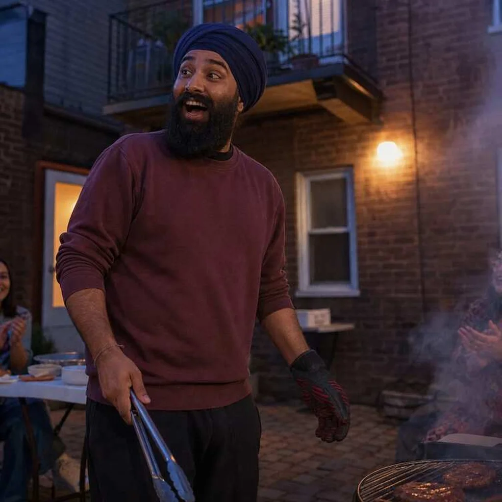 Man reacting with surprise at a barbecue