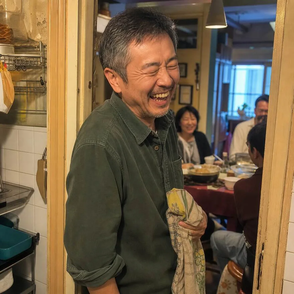 Man laughing in a kitchen doorway