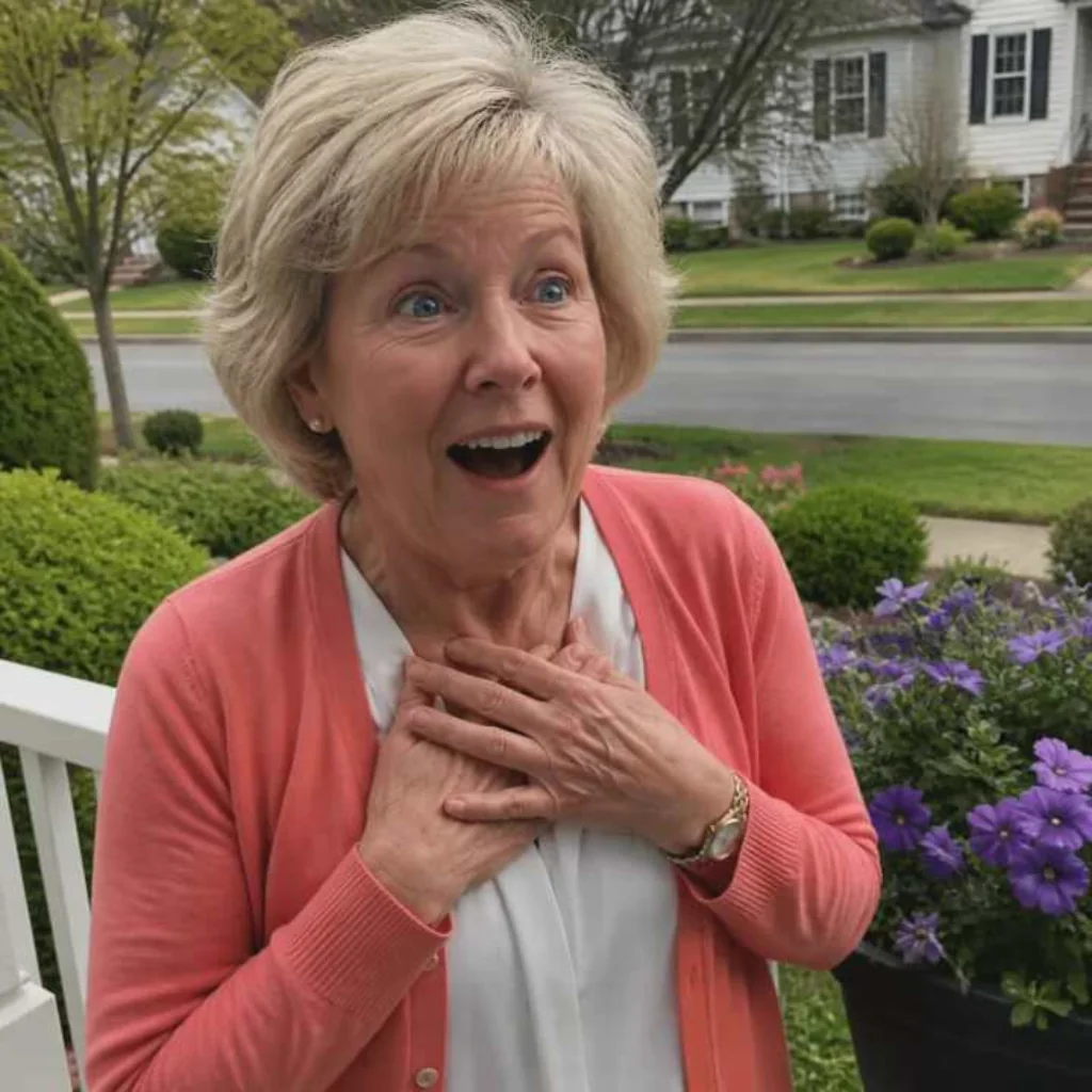 Older woman reacting with joy on a front porch