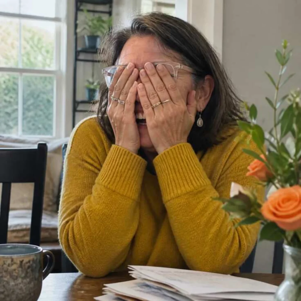 Woman smiling behind her hands after hearing good news