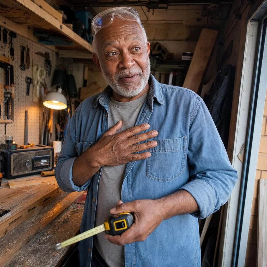 Older man reacting with disbelief in his garage