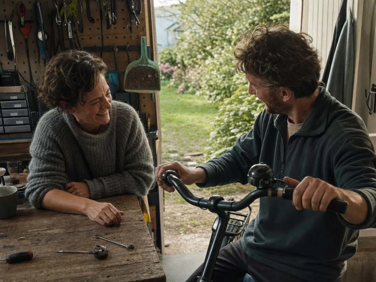 Children sharing stories about their father while repairing a bicycle together