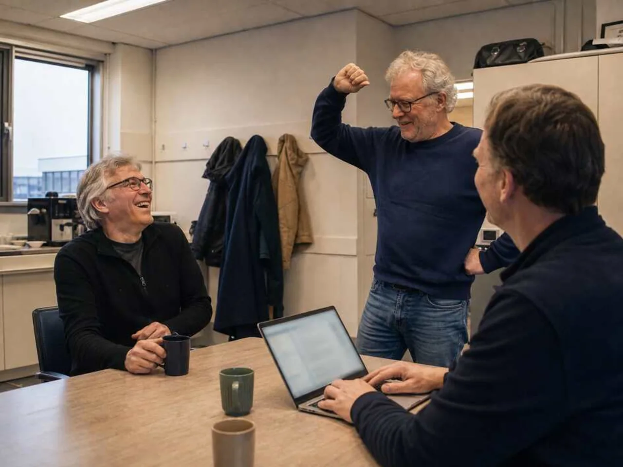 Coworkers sharing familiar workplace stories for a personalized retirement song